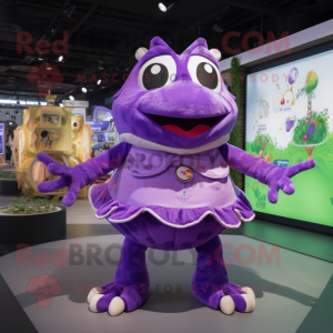 Personnage de costume de mascotte de grenouille violette habillé d'une mini jupe et de porte-clés