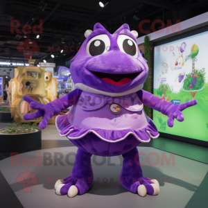 Purple Frog mascot costume character dressed with Mini Skirt and Keychains