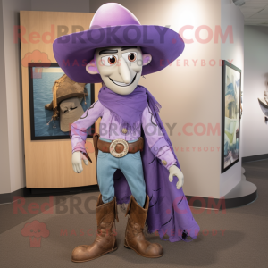 Personaje de disfraz de mascota Lavender Cowboy vestido con pantalones de yoga y alfileres de corbata