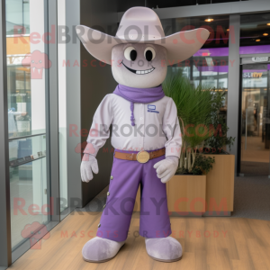 Personaggio del costume della mascotte del cowboy di lavanda vestito con pantaloni da yoga e fermacravatta