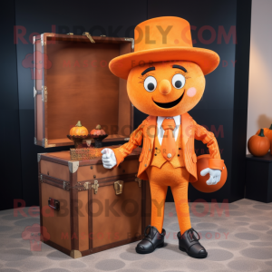 Personaggio del costume della mascotte del forziere del tesoro arancione vestito con pantaloni e fazzoletti da taschino
