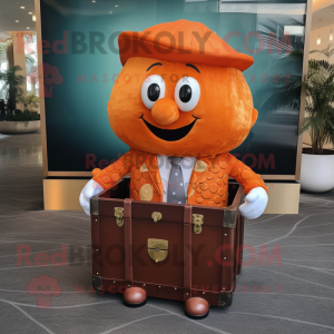 Orange treasure chest mascot costume character dressed with Suit Pants and Pocket squares