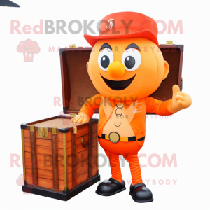 Personaje de disfraz de mascota del cofre del tesoro naranja vestido con pantalones de traje y pañuelos de bolsillo