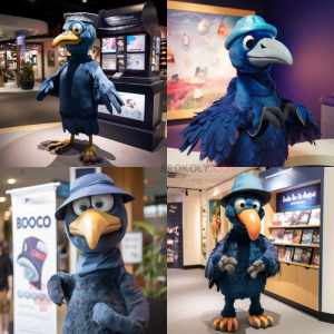 Personaje de traje de mascota de pájaro dodo azul marino vestido con encubrimiento y cintas para la cabeza