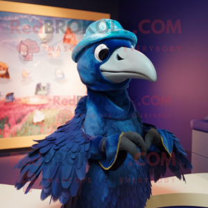Personnage de costume de mascotte d'oiseau dodo bleu marine habillé avec Cover-up et bandeaux