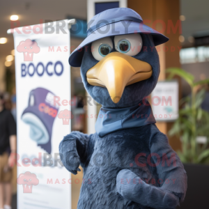 Personaje de traje de mascota de pájaro dodo azul marino vestido con encubrimiento y cintas para la cabeza