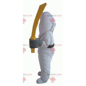 Samurai mascote de Lego amarelo e branco com uma balaclava -
