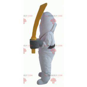 Samurai mascote de Lego amarelo e branco com uma balaclava -