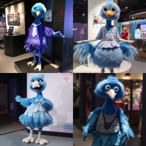 Blue Ostrich mascot costume character dressed with Mini Skirt and Suspenders