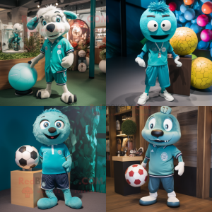 Personaje de disfraz de mascota de balón de fútbol verde azulado vestido con pantalones chinos y collares