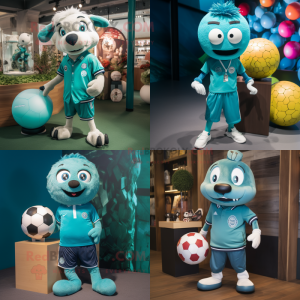 Teal Soccer ball mascot costume character dressed with Chinos and Necklaces