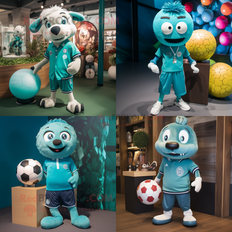 Teal Soccer ball mascot costume character dressed with Chinos and Necklaces Teal Soccer ball mascot costume character dressed with Chinos and Necklaces