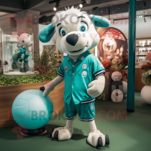Teal Soccer ball mascot costume character dressed with Chinos and Necklaces