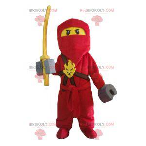 Mascote Lego samurai vermelho e amarelo com uma balaclava -