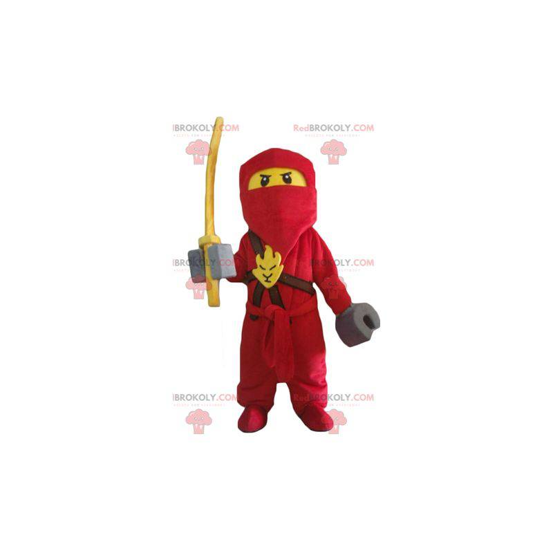 Mascote Lego samurai vermelho e amarelo com uma balaclava -