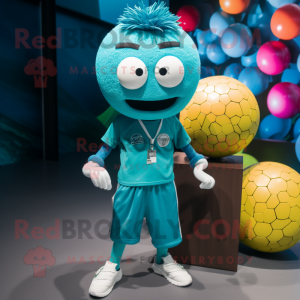 Teal Soccer ball mascot costume character dressed with Chinos and Necklaces