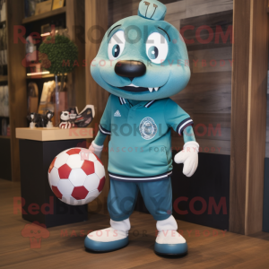 Teal Soccer ball mascot costume character dressed with Chinos and Necklaces