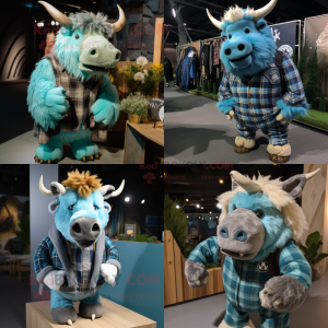 Cyan woolly rhinoceros mascot costume character dressed with Flannel Shirt and Lapel pins