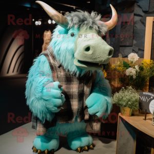 Cyan woolly rhinoceros mascot costume character dressed with Flannel Shirt and Lapel pins