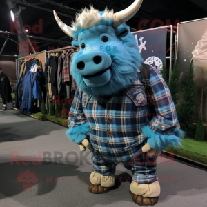 Cyan woolly rhinoceros mascot costume character dressed with Flannel Shirt and Lapel pins