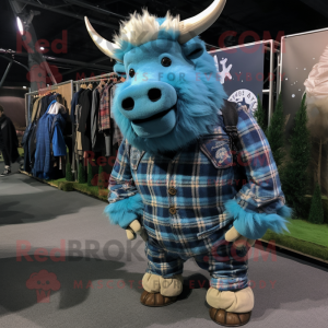 Personaje de disfraz de mascota de rinoceronte lanudo cian vestido con camisa de franela y alfileres de solapa