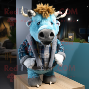 Cyan woolly rhinoceros mascot costume character dressed with Flannel Shirt and Lapel pins