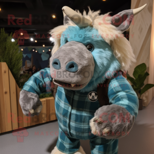 Personaggio del costume della mascotte del rinoceronte lanoso ciano vestito con camicia di flanella e spille da bavero