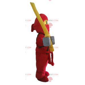 Mascote Lego samurai vermelho e amarelo com uma balaclava -