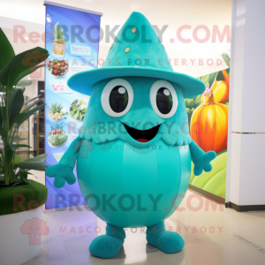 Turquoise Zucchini mascot costume character dressed with Playsuit and Hat pins