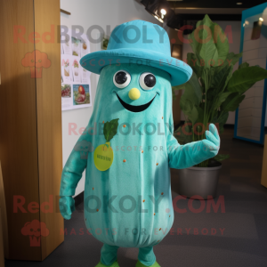 Personaje de traje de mascota de calabacín turquesa vestido con alfileres de Playsuit y Hat