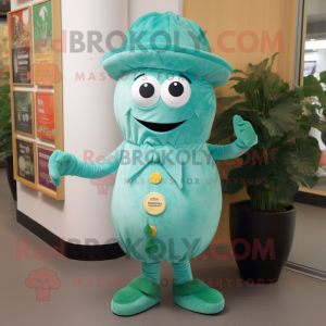 Turquoise Zucchini mascot costume character dressed with Playsuit and Hat pins