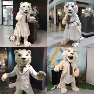 Personaggio del costume della mascotte Smilodon bianco vestito con gonna e cravatte
