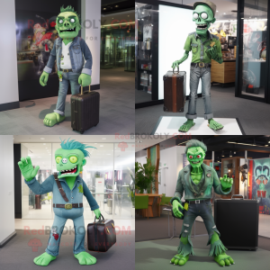 Green Undead mascot costume character dressed with Flare Jeans and Briefcases