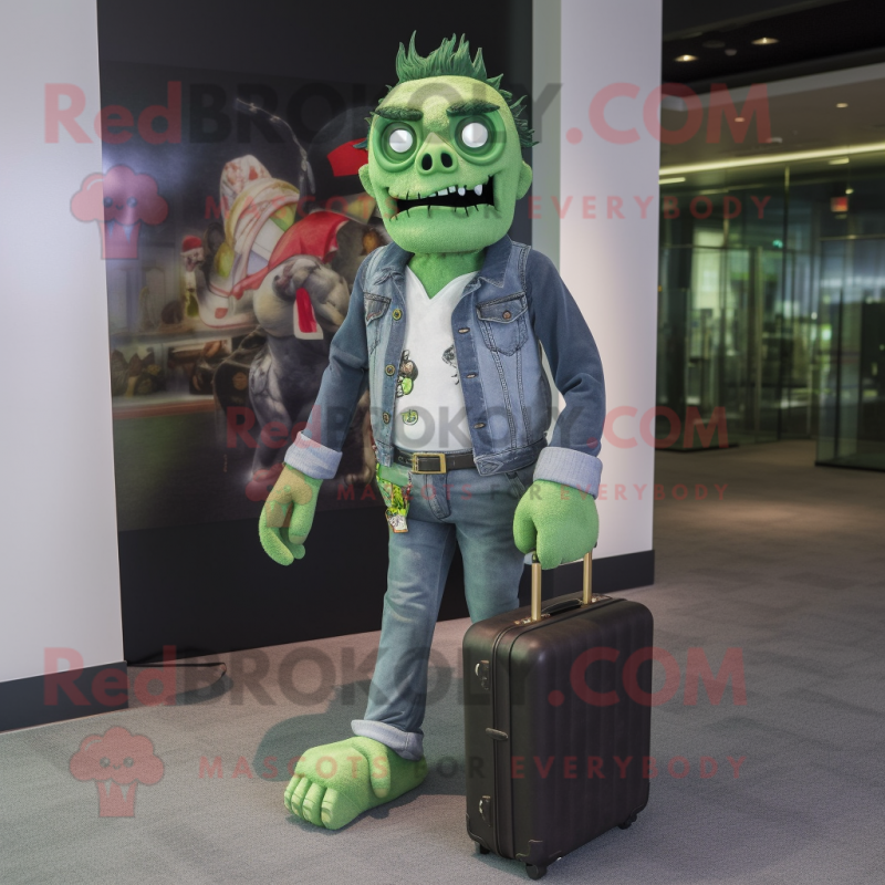 Green Undead mascot costume character dressed with Flare Jeans and Briefcases Green Undead mascot costume character dressed with Flare Jeans and Briefcases