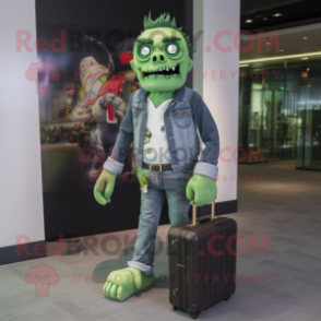 Green Undead mascot costume character dressed with Flare Jeans and Briefcases