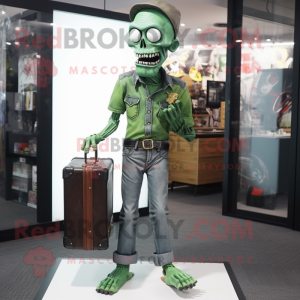 Personaggio del costume della mascotte verde non morto vestito con jeans a zampa e valigette