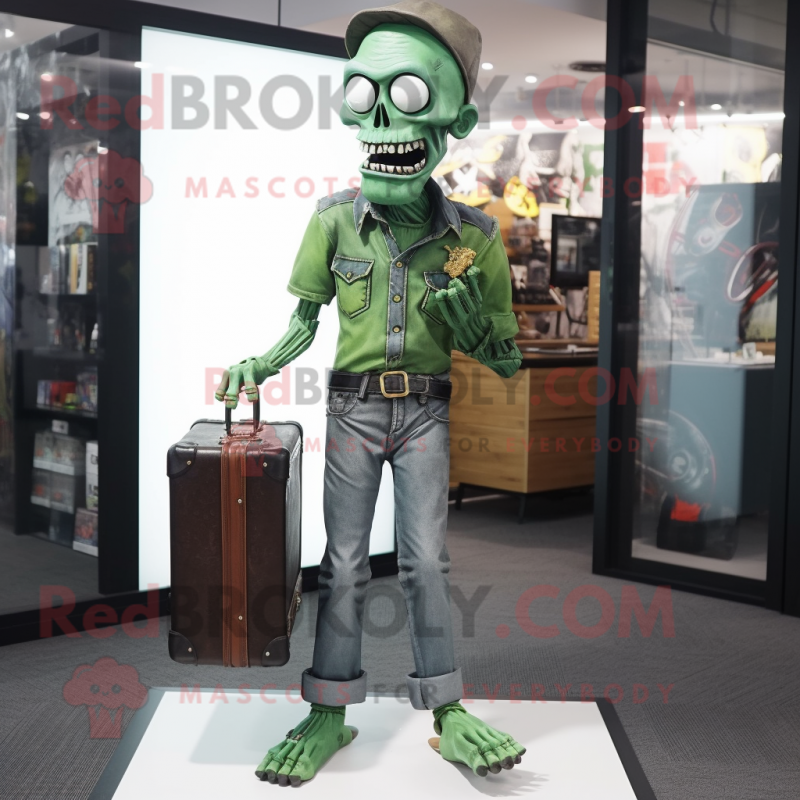Green Undead mascot costume character dressed with Flare Jeans and Briefcases Green Undead mascot costume character dressed with Flare Jeans and Briefcases