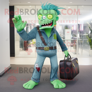 Green Undead mascot costume character dressed with Flare Jeans and Briefcases
