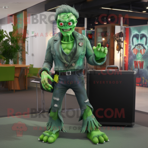 Personaje de traje de mascota Green Undead vestido con Flare Jeans y Maletines