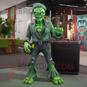 Green Undead mascot costume character dressed with Flare Jeans and Briefcases