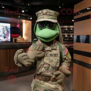 Postava maskota zeleného amerického vojáka oblečená v tričku Graphic a palčákech
