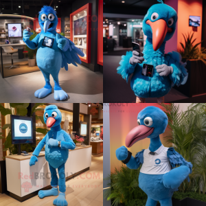 Blue Flamingo mascot costume character dressed with Henley Tee and Smartwatches