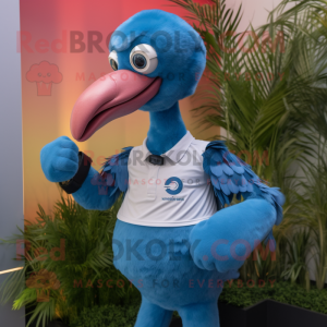 Blue Flamingo mascot costume character dressed with Henley Tee and Smartwatches