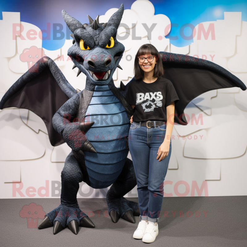 Black Dragon mascot costume character dressed with Mom Jeans and Wraps