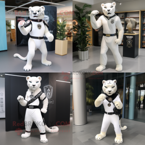 White Panther mascot costume character dressed with Sheath Dress and Belts