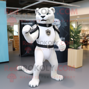 White Panther mascot costume character dressed with Sheath Dress and Belts