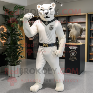 White Panther mascot costume character dressed with Sheath Dress and Belts