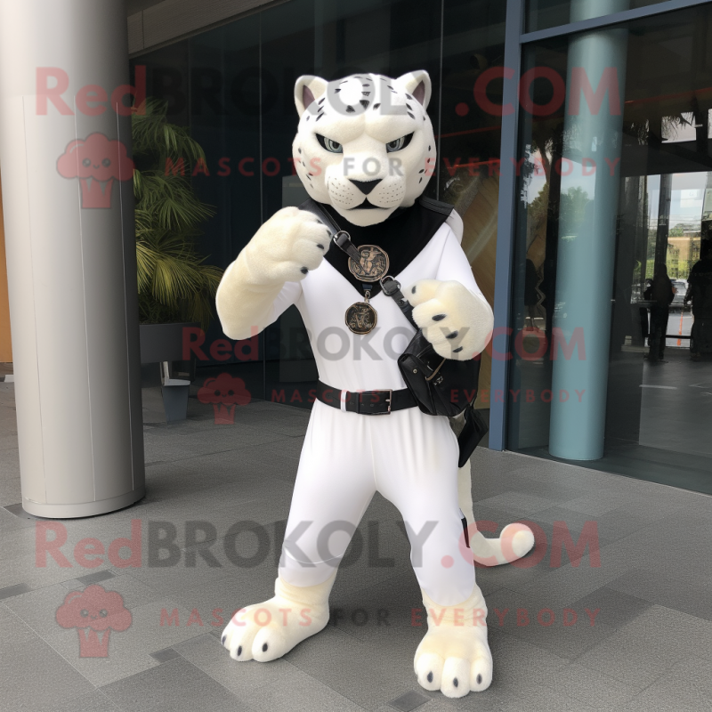 White Panther mascot costume character dressed with Sheath Dress and Belts