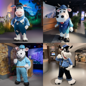Personaggio del costume della mascotte della mucca Holstein blu vestito con pantaloni cargo e fasce