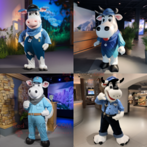 Blue Holstein cow mascot costume character dressed with Cargo Pants and Headbands